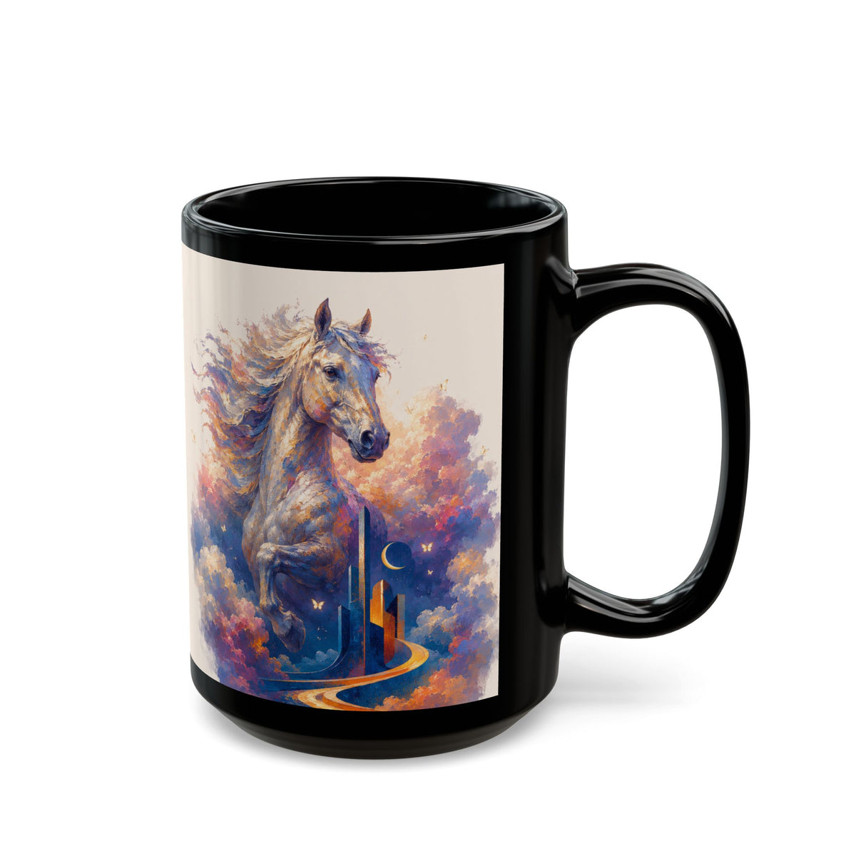 Magical Horse Nightscape Black Mug (11oz & 15oz) — Fantasy Unicorn-Like Horse Coffee Cup