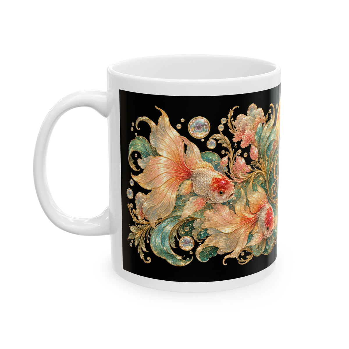 Fancy Goldfish Club Ceramic Mug — Vintage Floral Aquarium Design (11oz & 15oz)