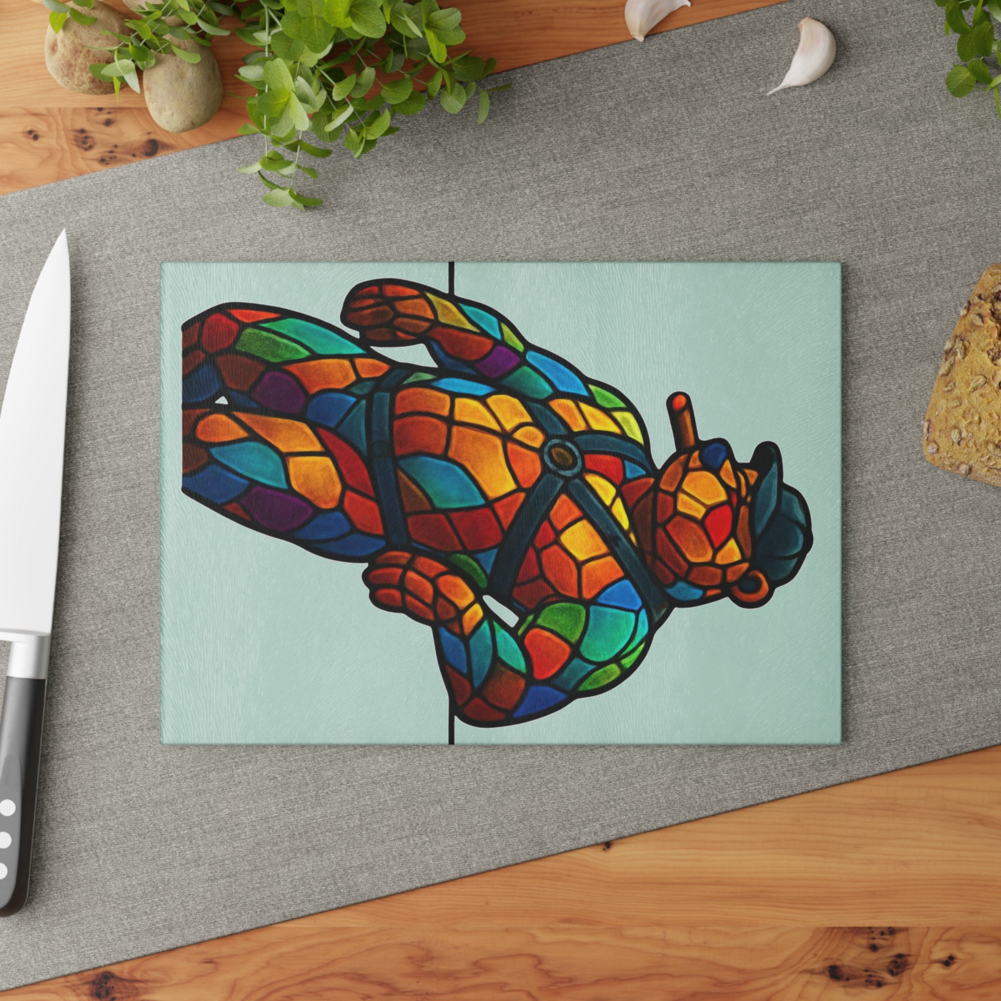 Stained Glass Bear Glass Cutting Board — Tiffany-Style Leather Bear Design