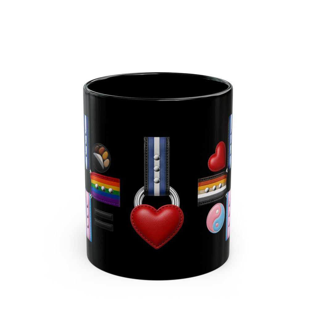 Pride & Kink Symbol Mug (Black) — LGBTQ+ Heart, Trans & Rainbow Emblems, Equality Coffee Cup