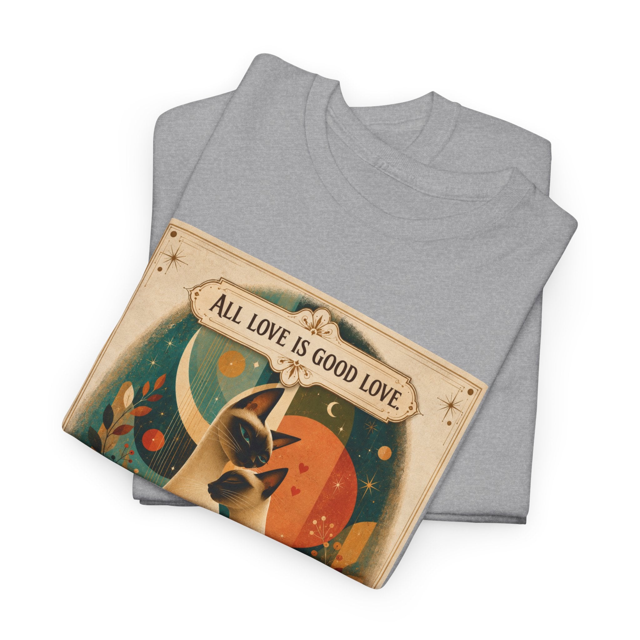 Cat Poster T-Shirt – "All Love Is Good Love" Retro Cat Love Graphic Tee. Siamese Cat Shirt Cat Lover Gift Cat Mom Shirt Cat Dad Shirt Cat People Apparel Cute Cat T-Shirt Cat Lover Tee Siamese Cat...