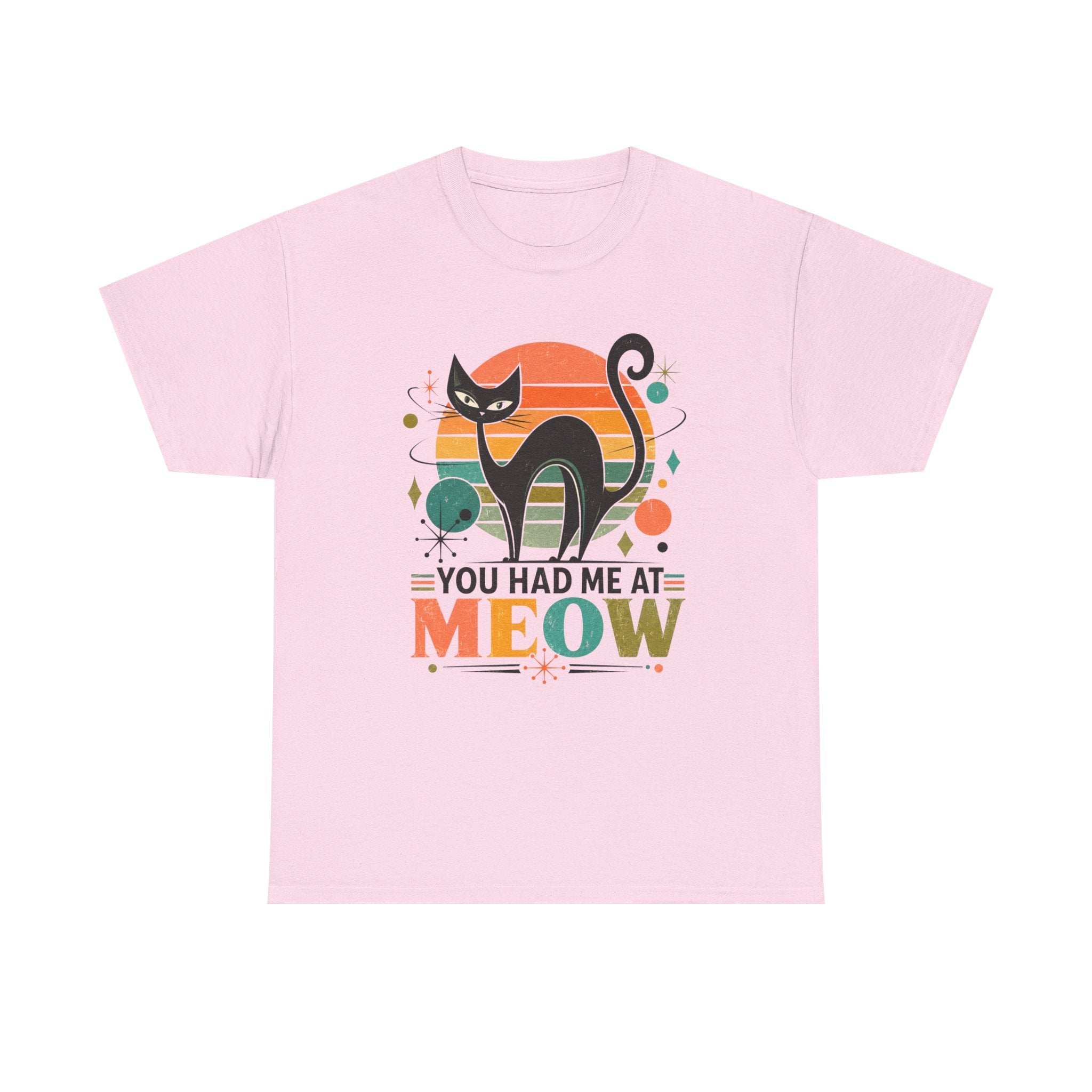 You Had Me At Meow Tee — Retro Cat Graphic T-Shirt. Tangentsies Cat in Retro Mod