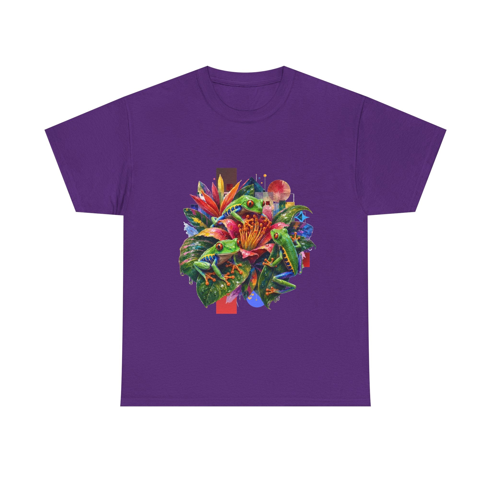T-Shirt — Tropical Floral Collage Tee. Frog tee, Tree Frogs in Foliage. Eco-friendly reminder.