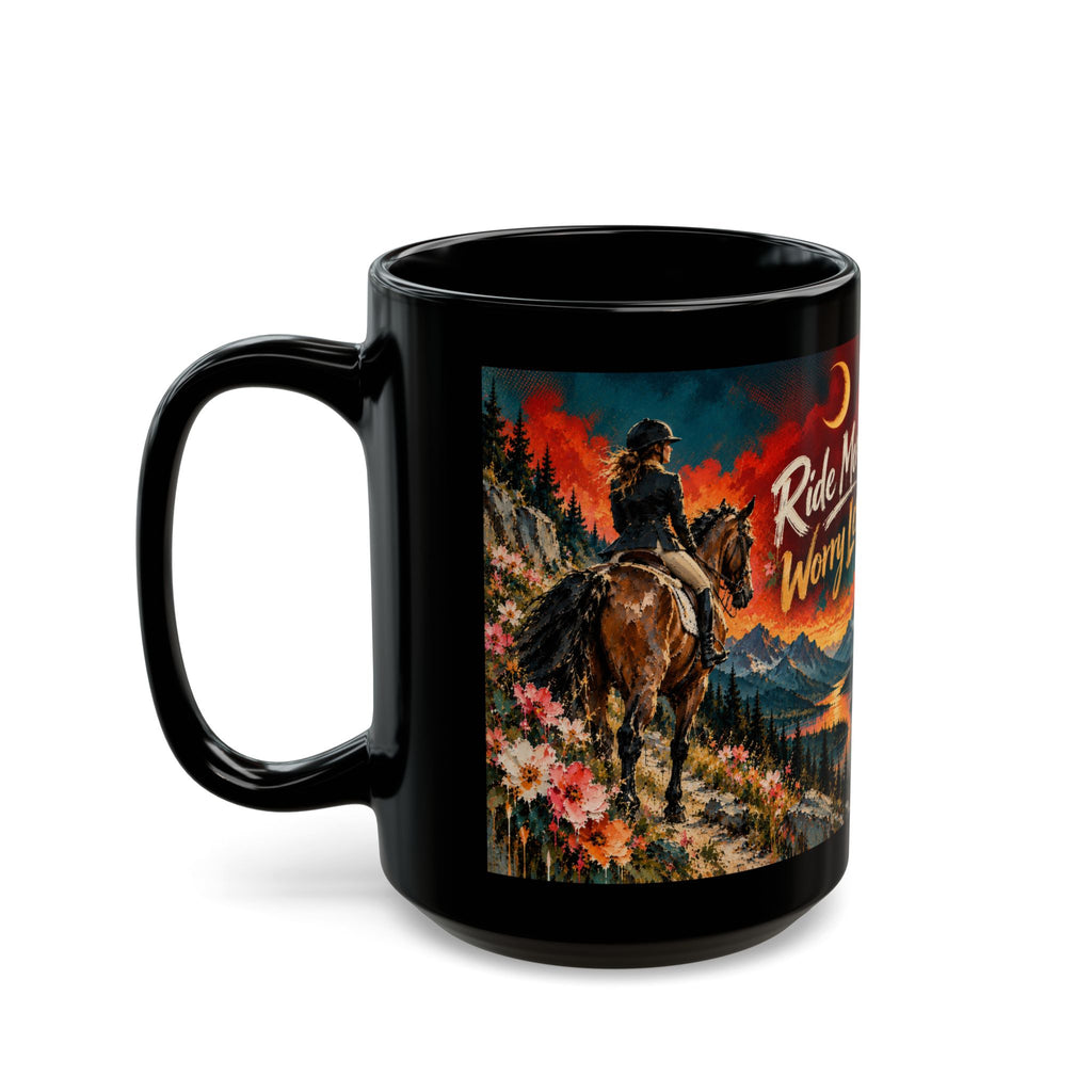 Ride More Worry Less Mug — Cowboy Horse Scenic Black Coffee Cup (11oz/15oz)Horse Lover Coffee Mug – Equestrian Art Mug with Jewel Tone Horse Painting