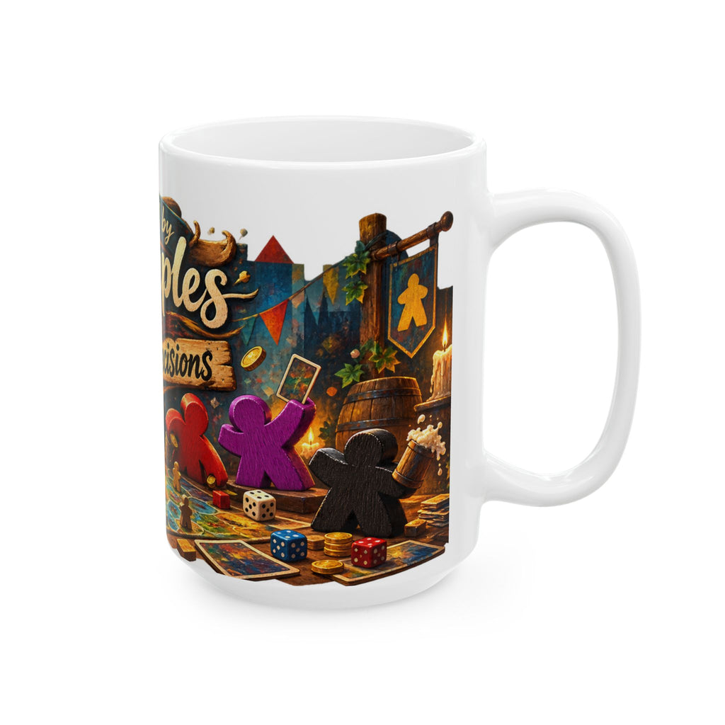 Powered by Meeples & Poor Decisions Ceramic Mug — Board Game Coffee Cup (11oz, 15oz)