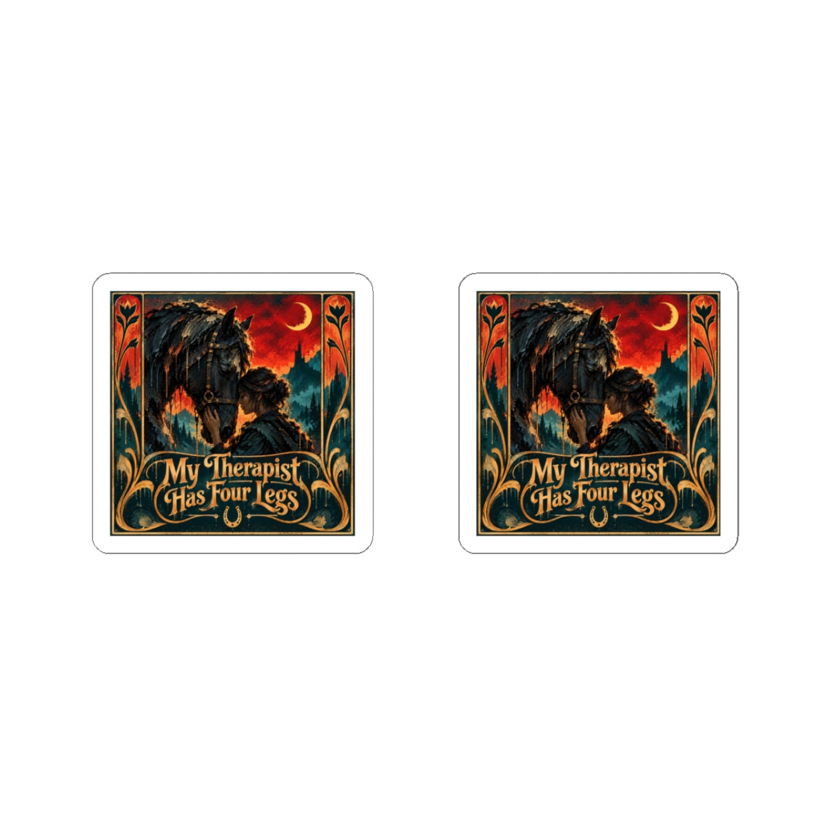 Sticker — "My Therapist Has Four Legs" Horse & Rider Kiss-Cut Sticker (Vintage Gothic Design)