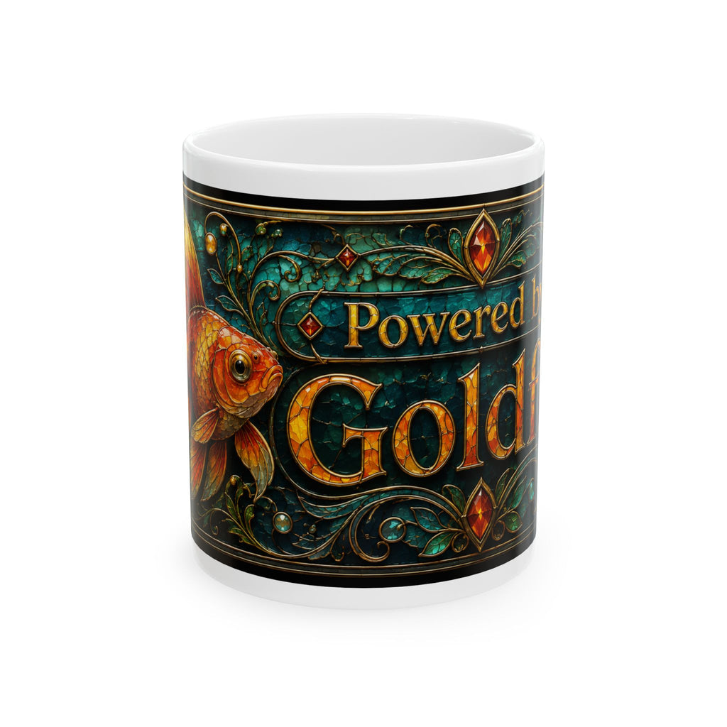 Powered by Gold Ceramic Mug — Fantasy Goldfish Art Coffee Cup (11oz & 15oz)