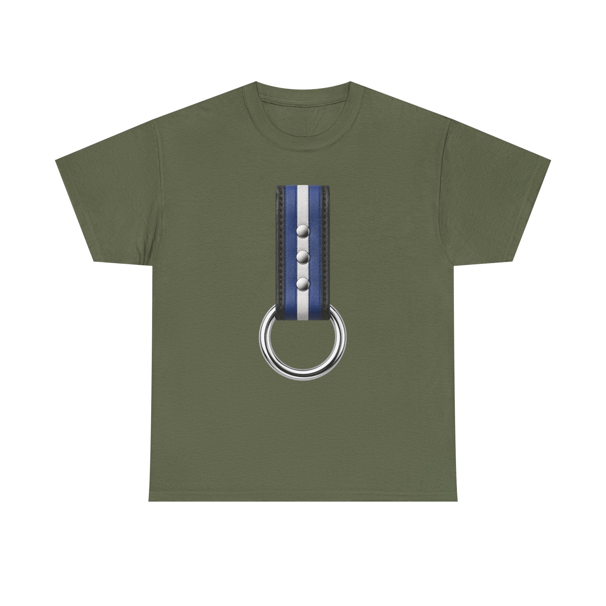 Blue Stripe O-Ring Graphic Tee. Leather pride strap