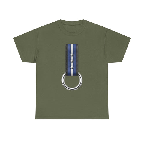 Blue Stripe O-Ring Graphic Tee. Leather pride strap