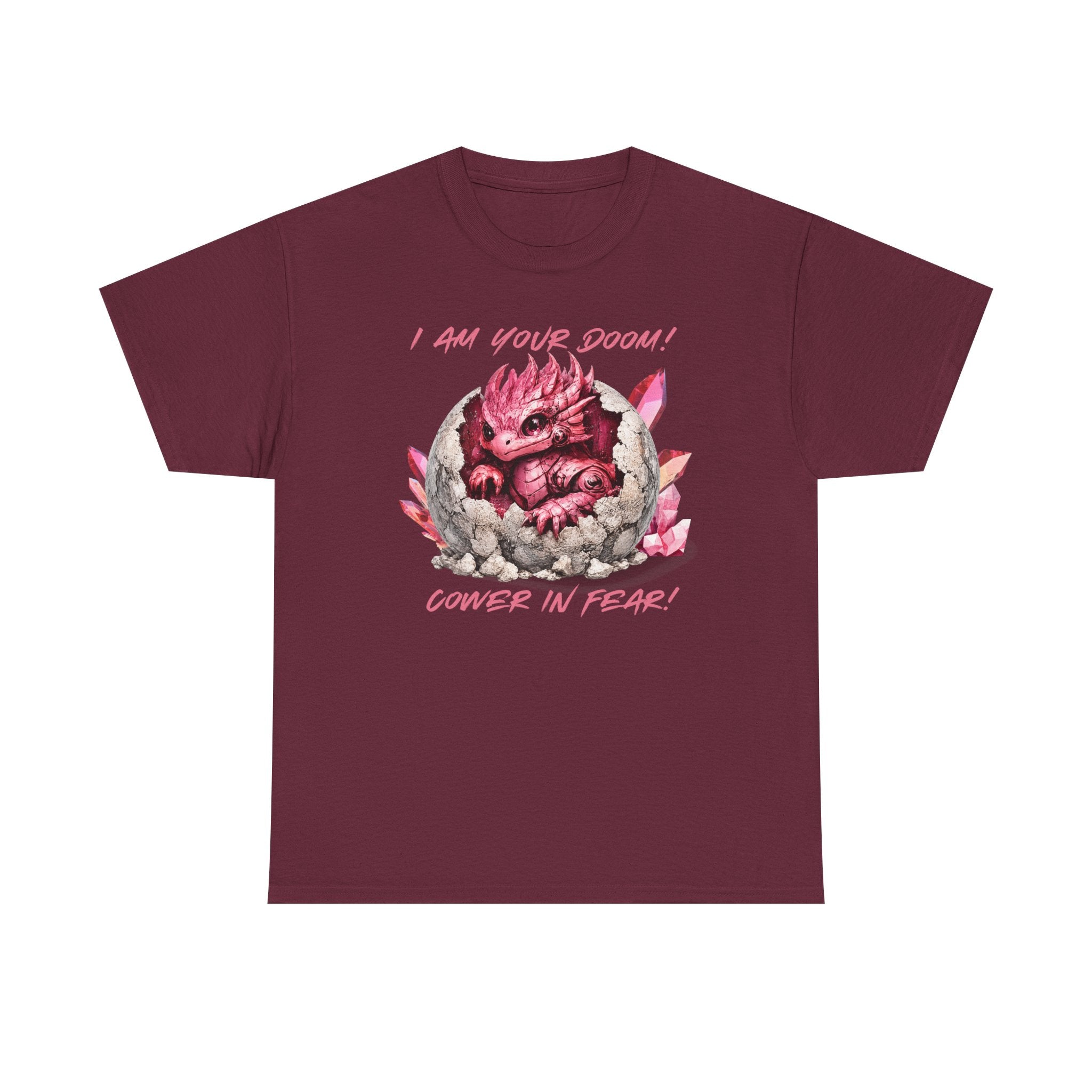 Cute Monster Tee — "I Am Your Doom! Cower in Fear!" Pink Hatchling Graphic Shirt
