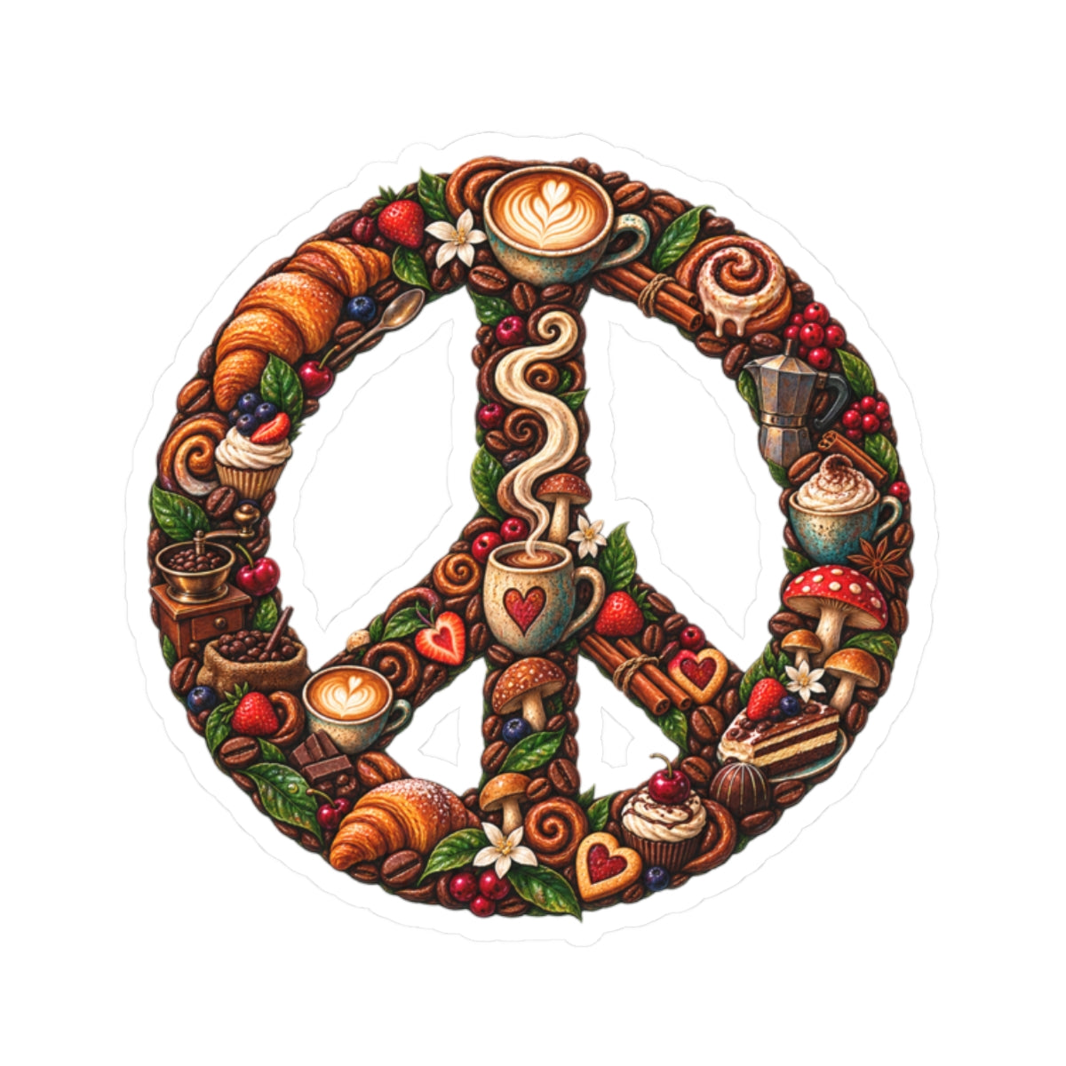 Peace Sign Sticker — Cozy Coffee & Pastry Illustration Vinyl Kiss-Cut Sticker