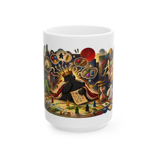 Board Game Art Ceramic Mug - Colorful Meeples, Dice & Strategy Scene (11oz/15oz)