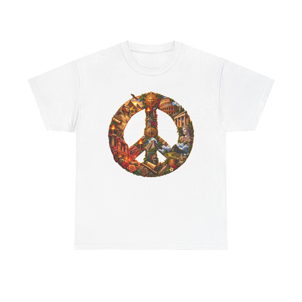 Peace Symbol Collage T-Shirt — Vintage Travel & Nature Graphic Tee