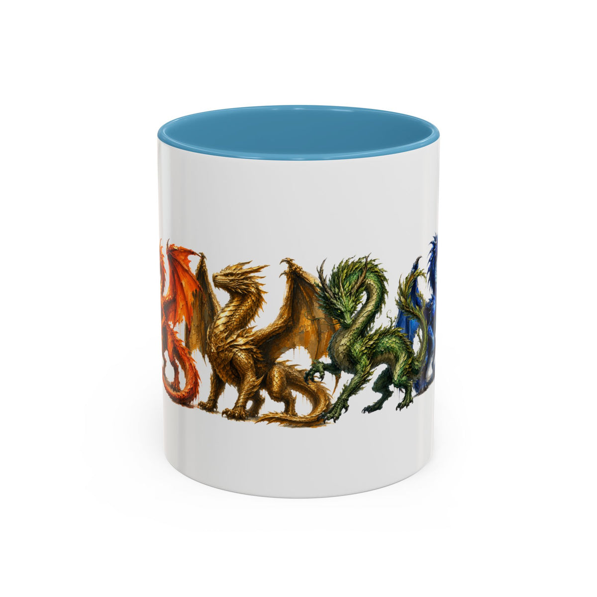 Rainbow Dragon Lineup Accent Coffee Mug — Colorful Fantasy Creature Tea & Coffee Cup