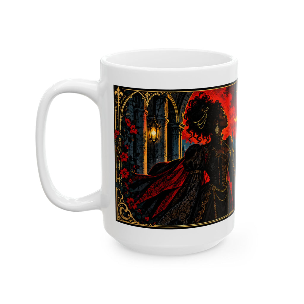 Gothic Cityscape Ceramic Mug — 'Unsinkable, Unapologetic, Unstoppable' Rooted in Greatness Afrocentric Empowerment Mug. Dark Fantasy Coffee Cup