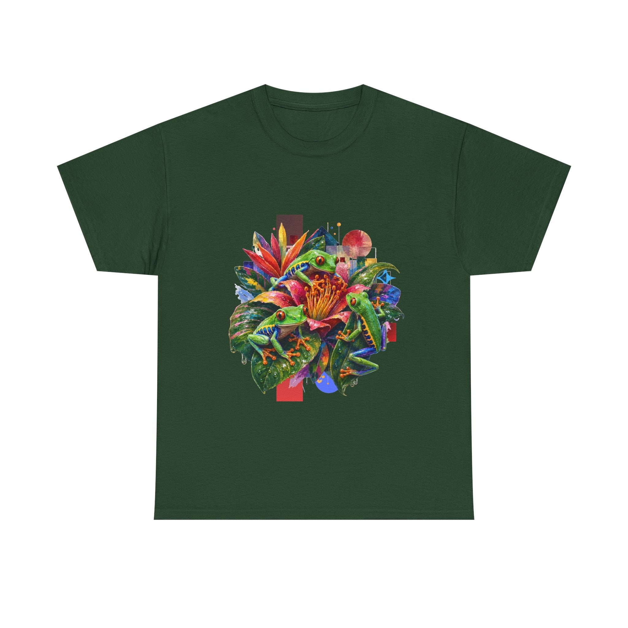 T-Shirt — Tropical Floral Collage Tee. Frog tee, Tree Frogs in Foliage. Eco-friendly reminder.