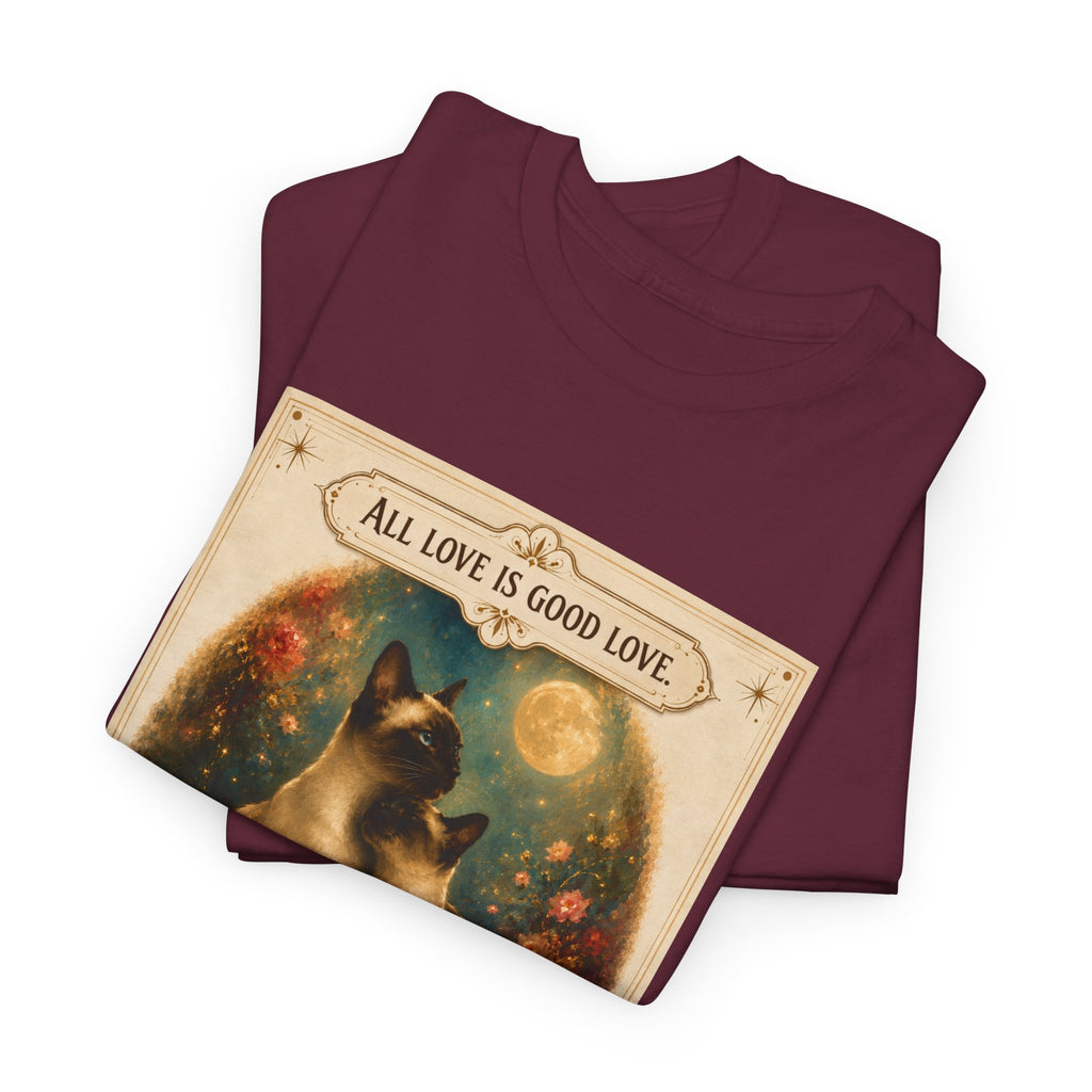Cat Love Vintage Poster T-Shirt — "All Love Is Good Love" Graphic Tee. Siamese cats in love.