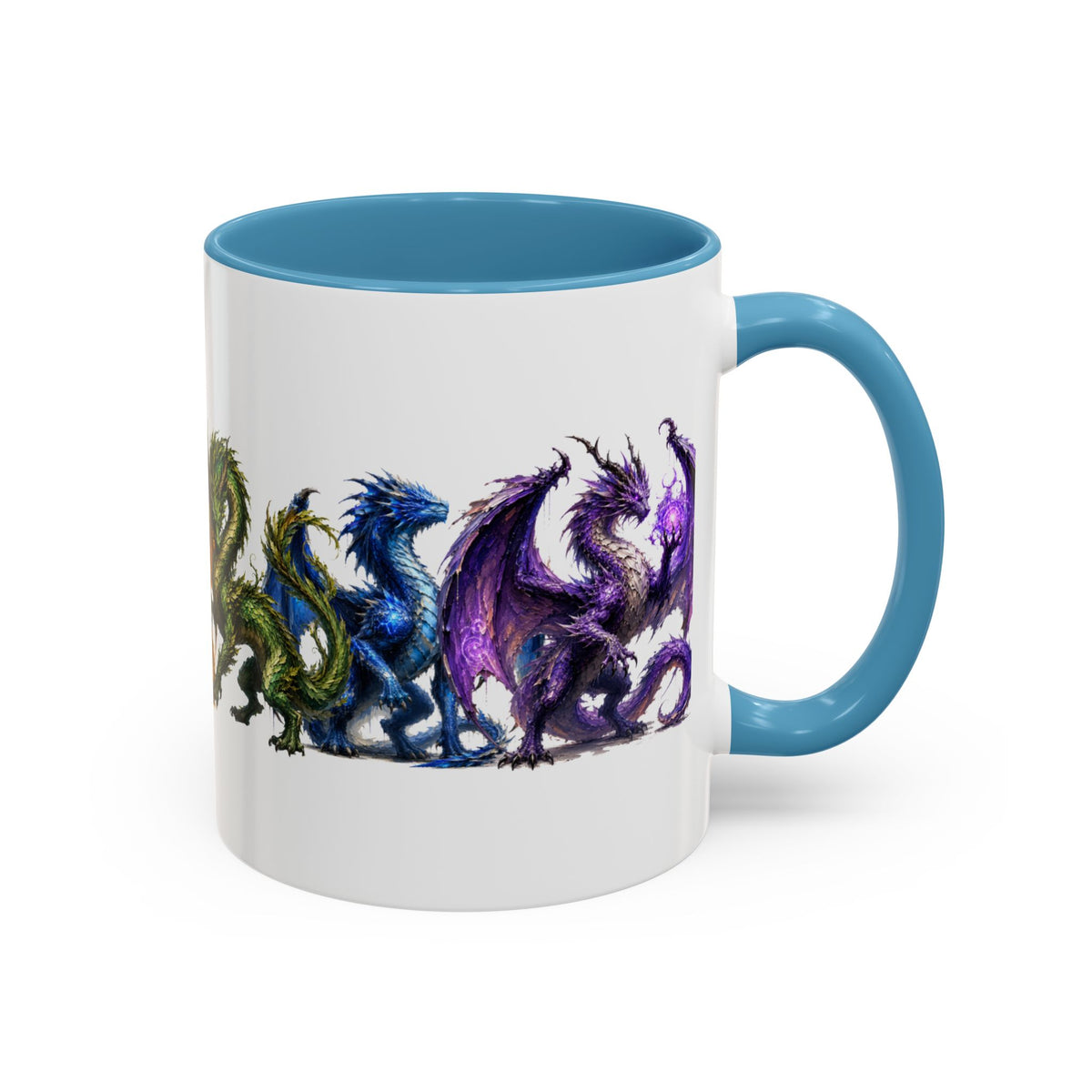 Rainbow Dragon Lineup Accent Coffee Mug — Colorful Fantasy Creature Tea & Coffee Cup