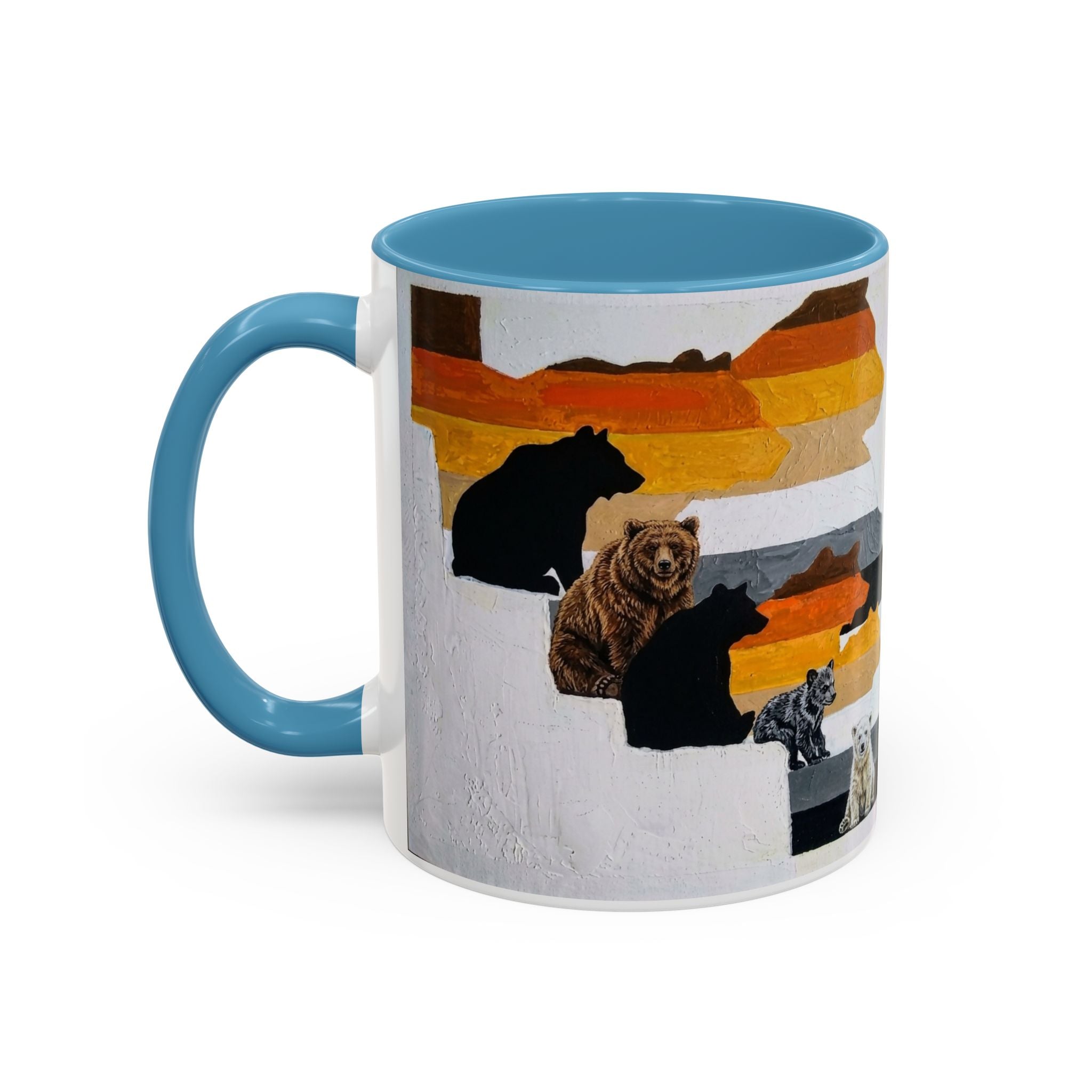 Bear Silhouette Accent Coffee Mug — Sunset Mountain Wildlife Design (11/15oz) Bear Pride. Leather man pride. Bears in leather.