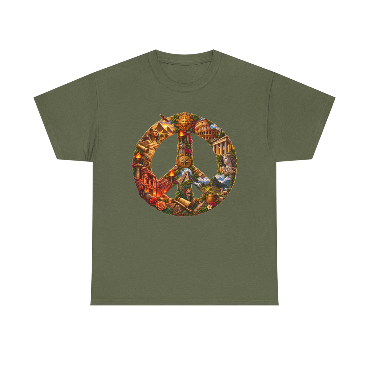 Peace Symbol Collage T-Shirt — Vintage Travel & Nature Graphic Tee