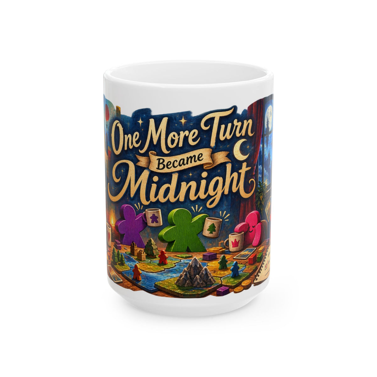 Board Game Mug — “One More Turn Became Midnight” Ceramic Coffee Cup (11oz/15oz)