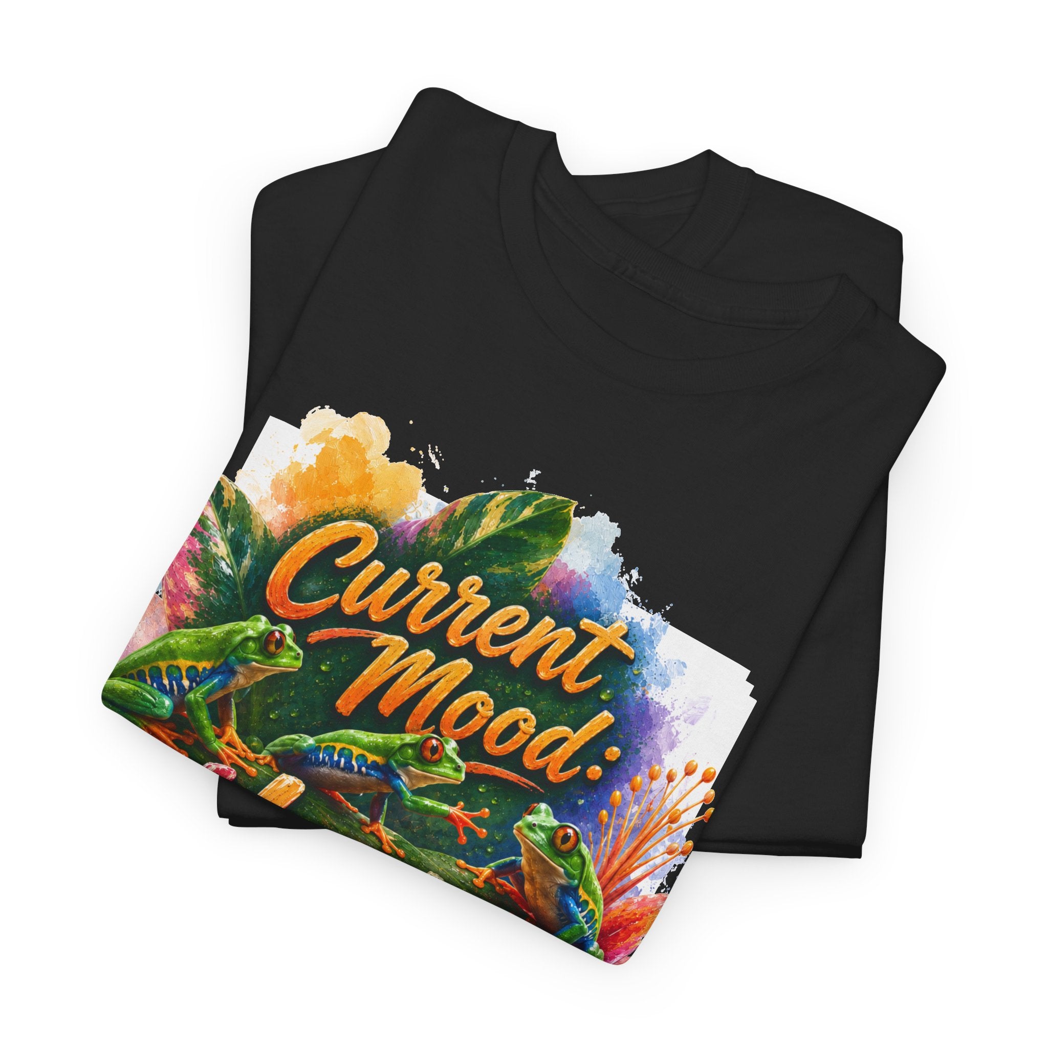 T‑Shirt — "Current Mood: Hoppy" Colorful Frog Graphic Tee. Tree Frogs eco-friendly awareness.