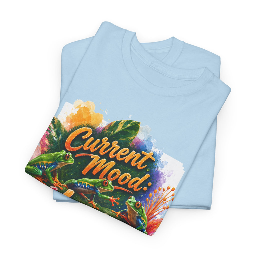 T‑Shirt — "Current Mood: Hoppy" Colorful Frog Graphic Tee. Tree Frogs eco-friendly awareness.