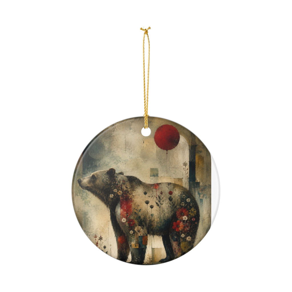 Bear with Red Balloon Ceramic Ornament — Rustic Woodland Holiday Decoration