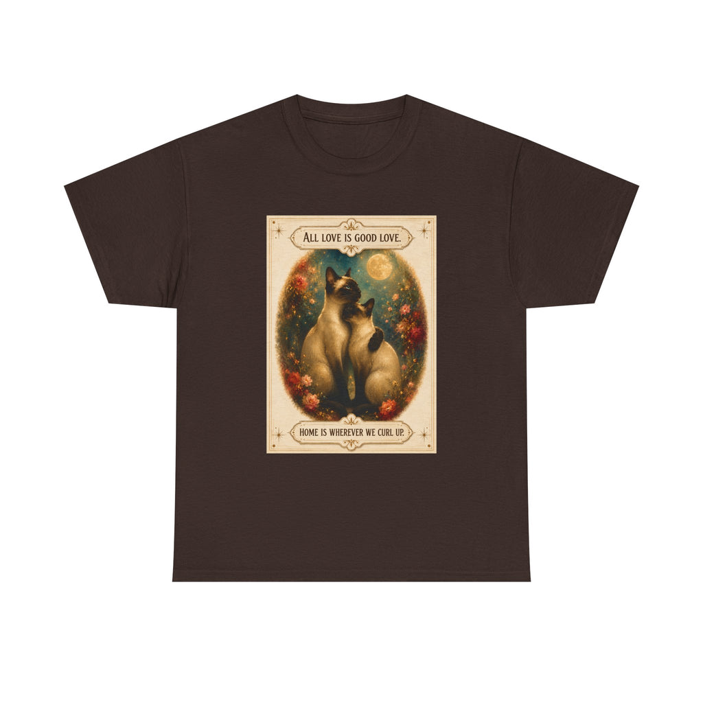 Cat Love Vintage Poster T-Shirt — "All Love Is Good Love" Graphic Tee. Siamese cats in love.