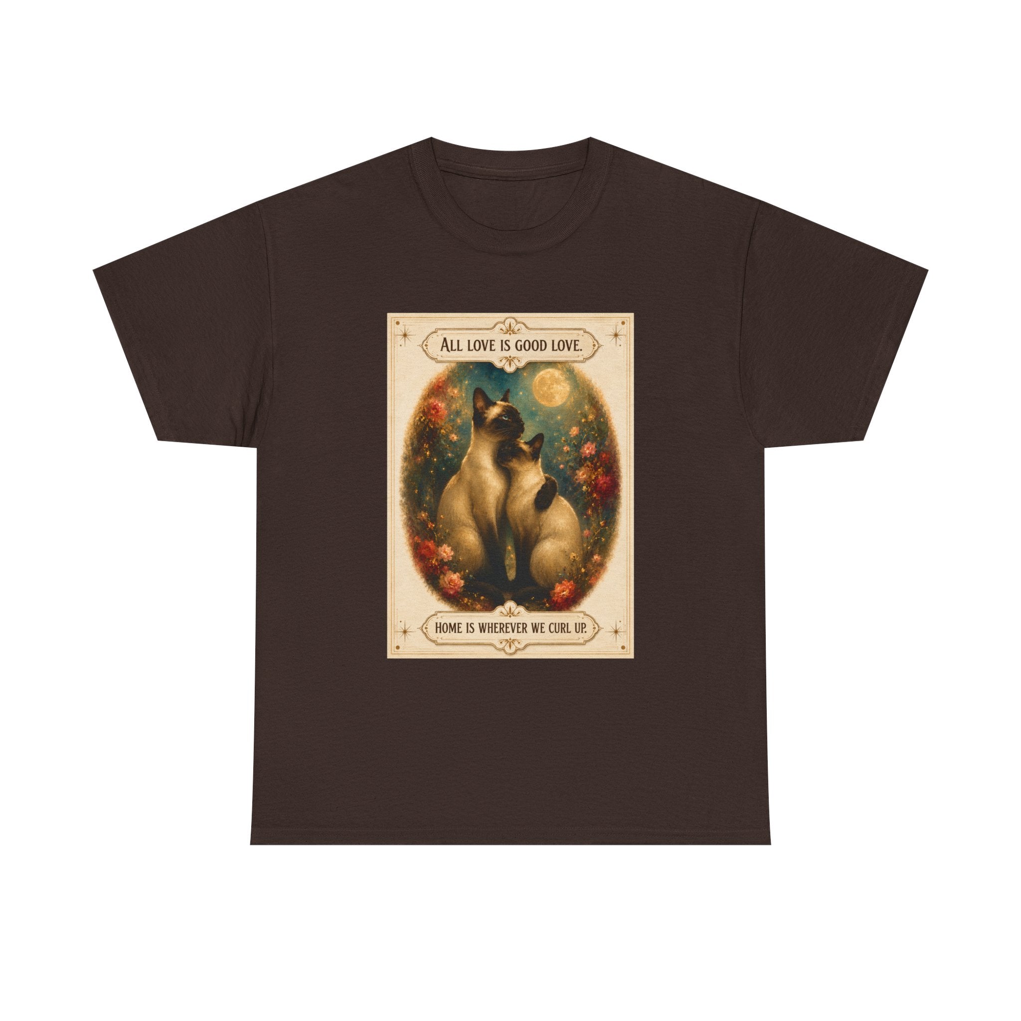 Cat Love Vintage Poster T-Shirt — "All Love Is Good Love" Graphic Tee. Siamese cats in love.