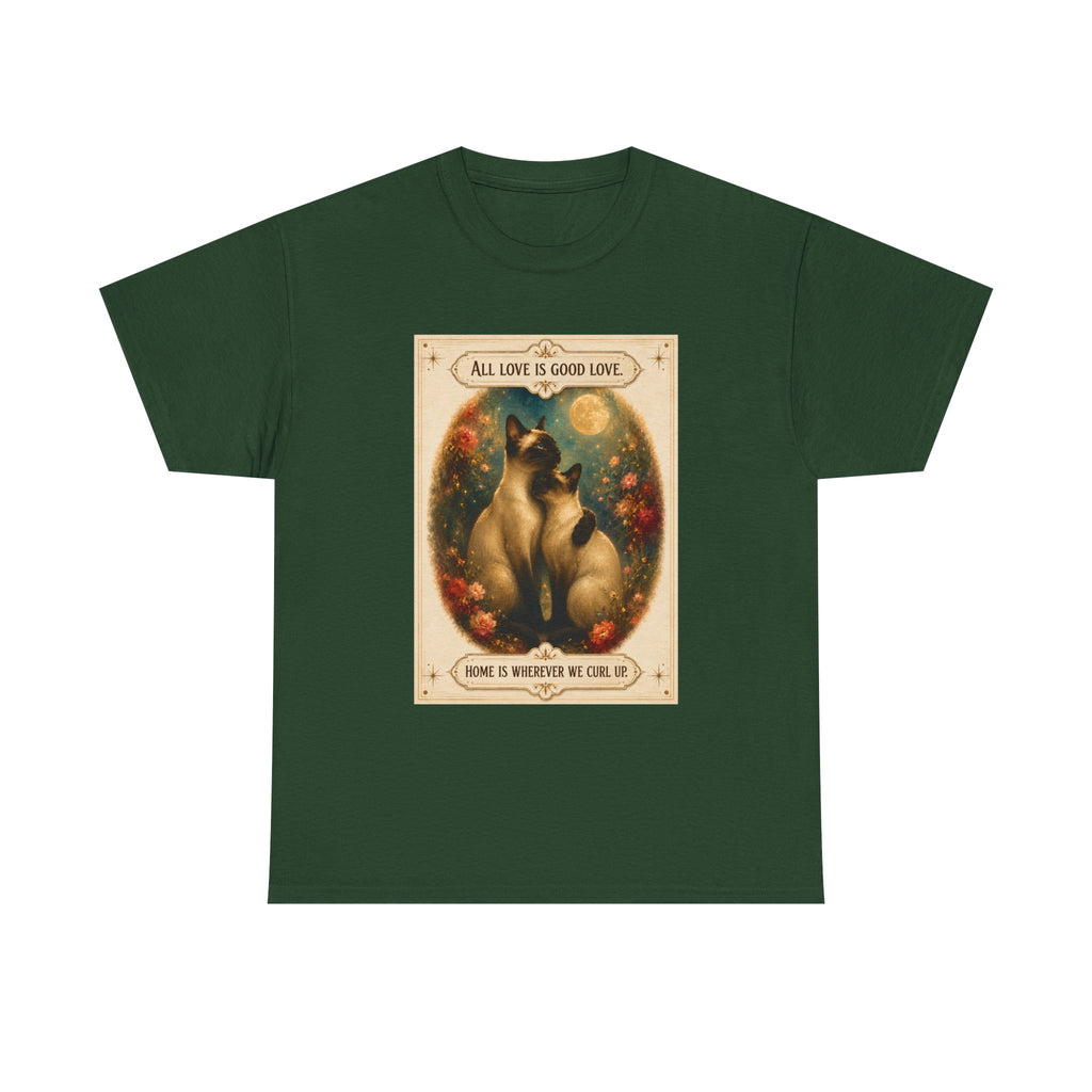 Cat Love Vintage Poster T-Shirt — "All Love Is Good Love" Graphic Tee. Siamese cats in love.