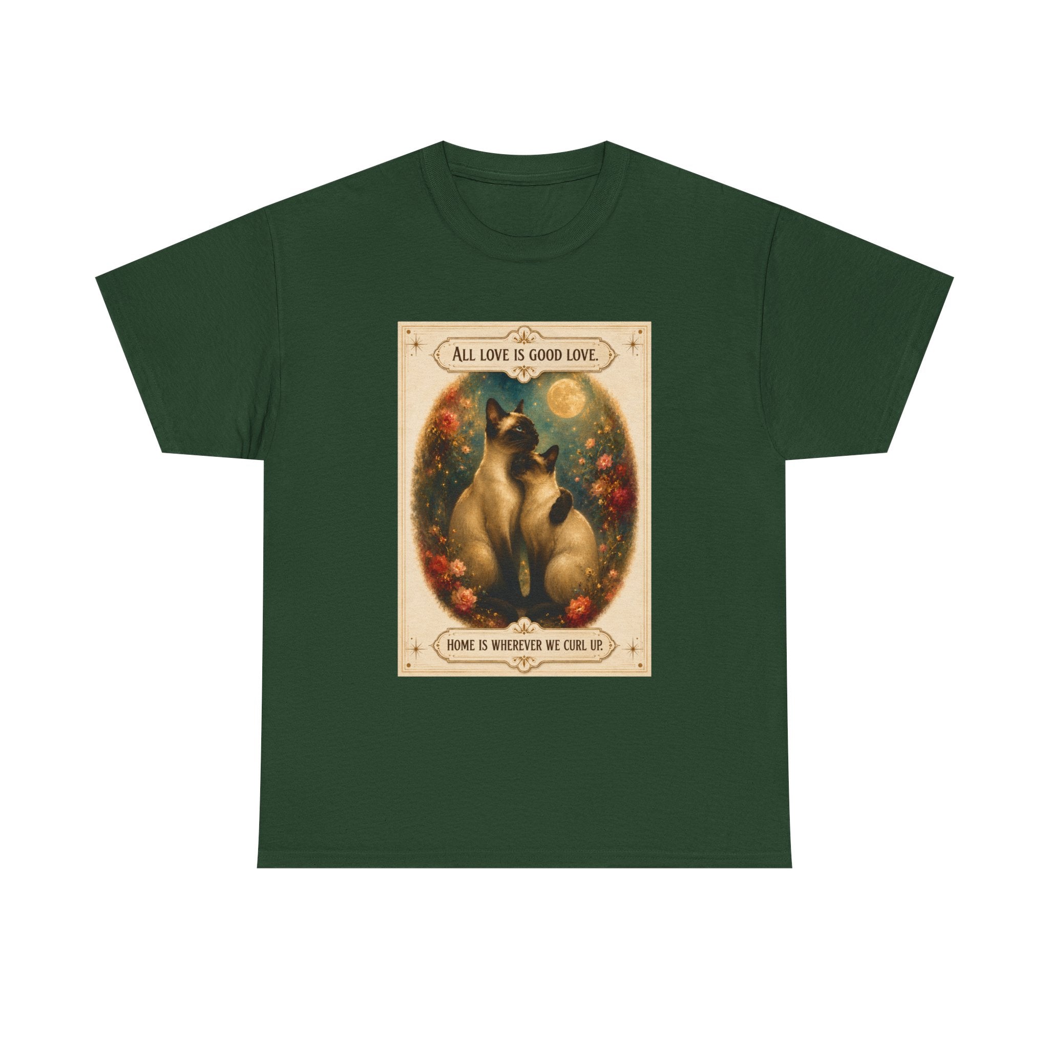 Cat Love Vintage Poster T-Shirt — "All Love Is Good Love" Graphic Tee. Siamese cats in love.
