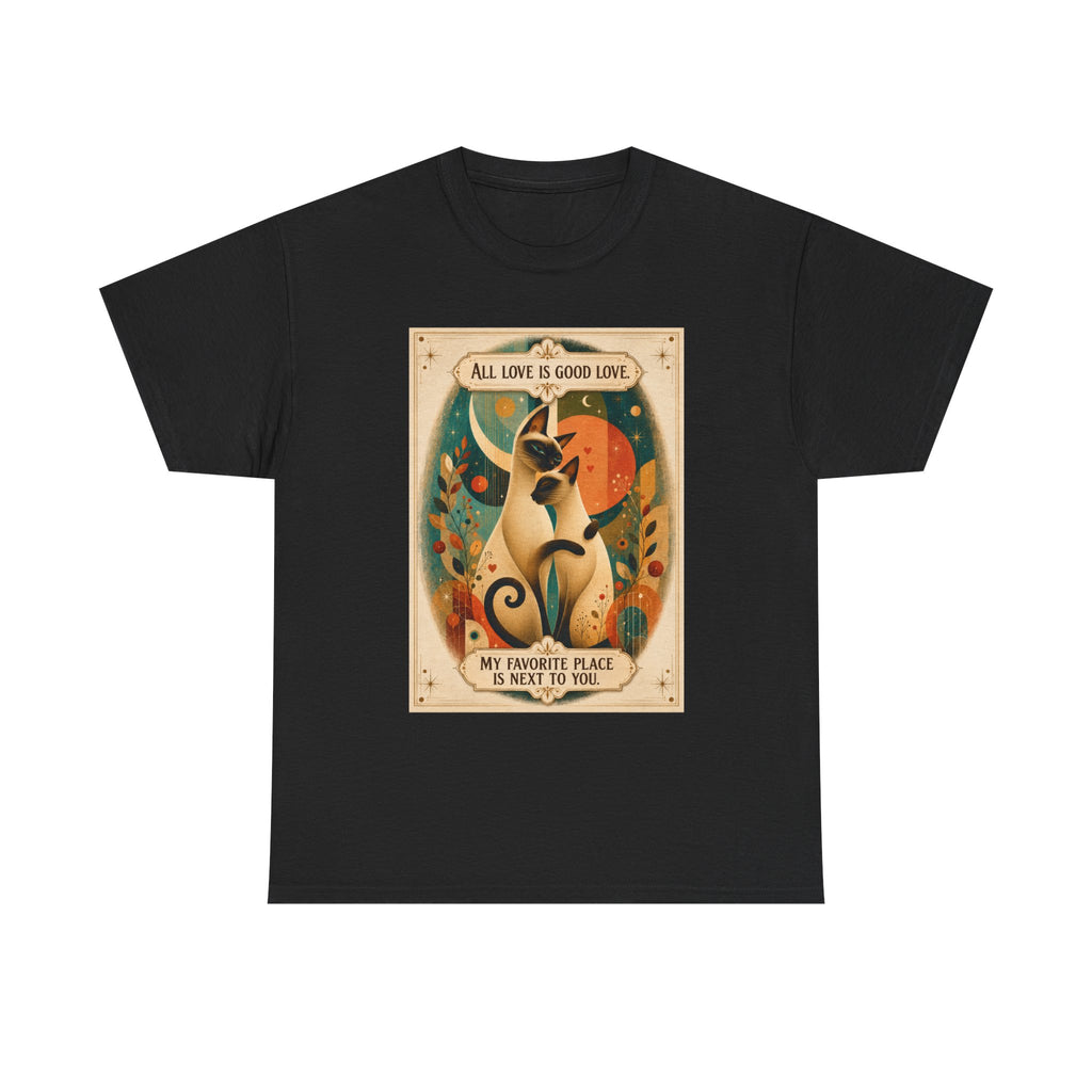 Cat Poster T-Shirt – "All Love Is Good Love" Retro Cat Love Graphic Tee. Siamese Cat Shirt Cat Lover Gift Cat Mom Shirt Cat Dad Shirt Cat People Apparel Cute Cat T-Shirt Cat Lover Tee Siamese Cat...