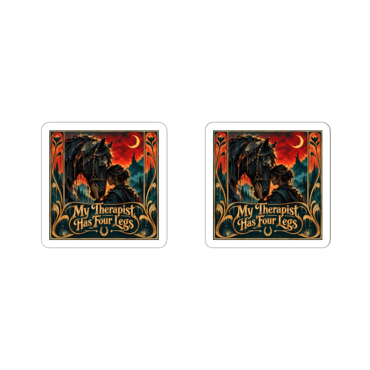 Sticker — "My Therapist Has Four Legs" Horse & Rider Kiss-Cut Sticker (Vintage Gothic Design)