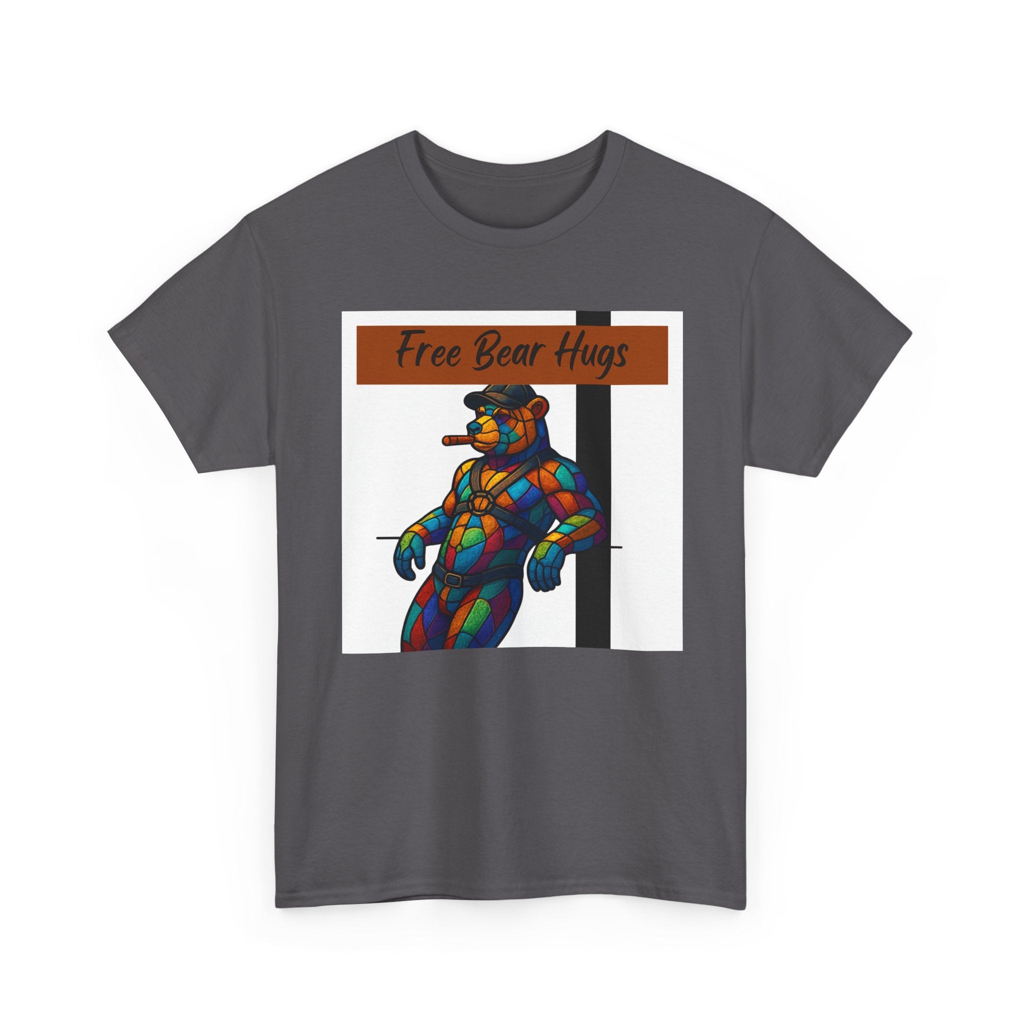 Butch Daddy Bear Cigar Tee — "Free Bear Hugs" Graphic Shirt Butch man, Daddy Bear. Free Hugs. leather Bear