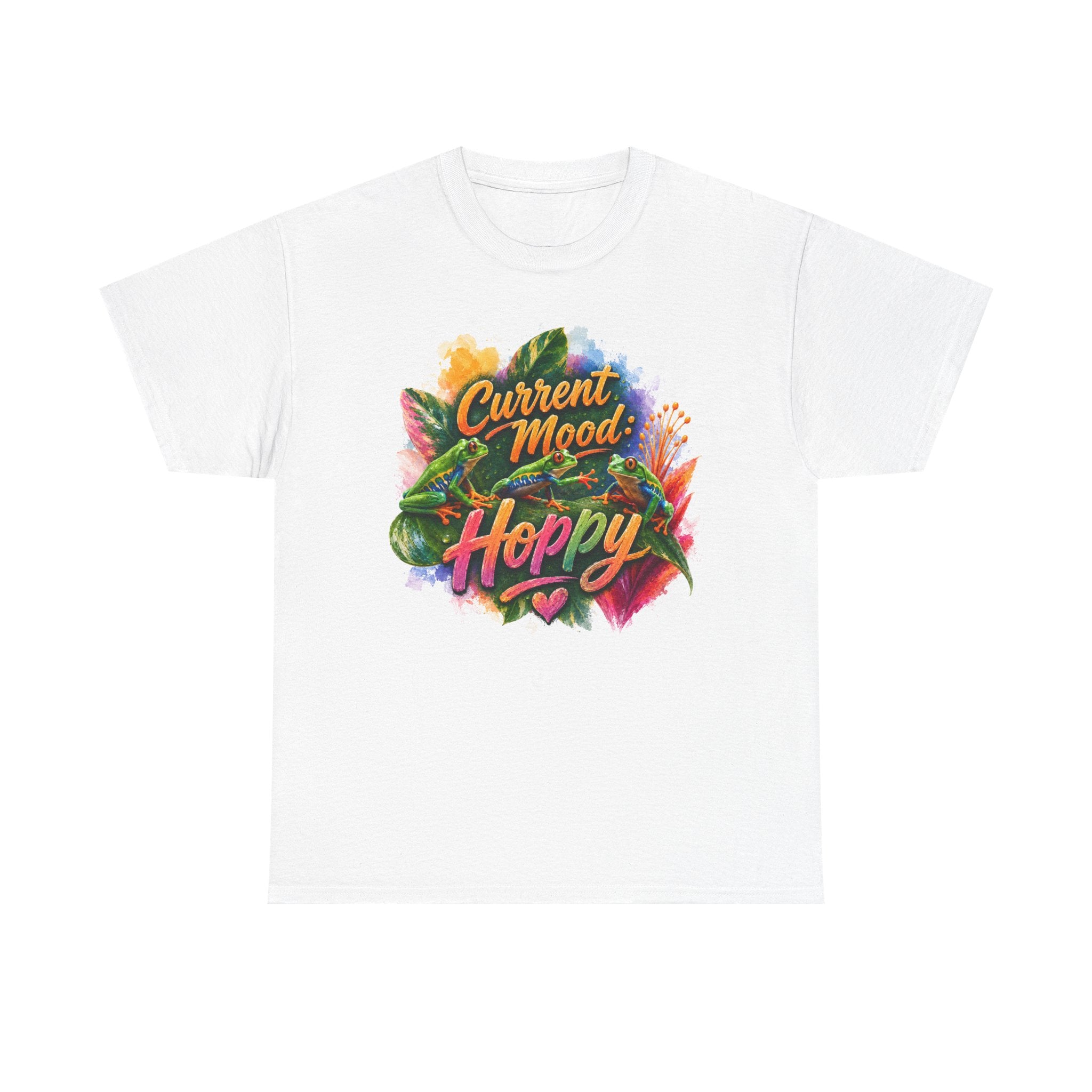 T‑Shirt — "Current Mood: Hoppy" Colorful Frog Graphic Tee. Tree Frogs eco-friendly awareness.