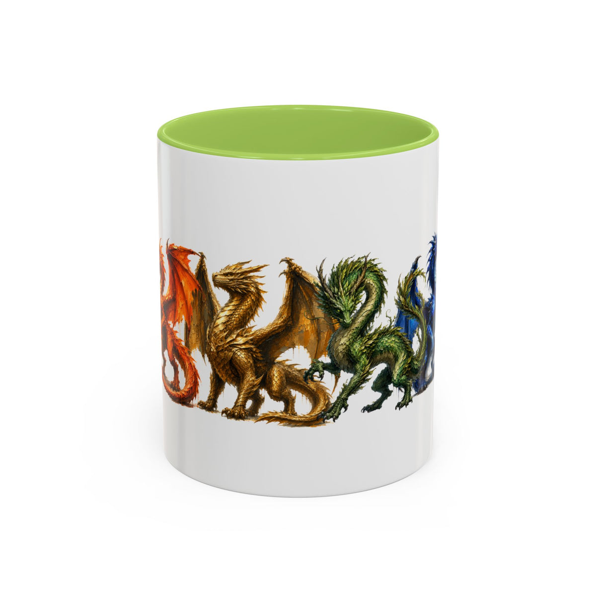 Rainbow Dragon Lineup Accent Coffee Mug — Colorful Fantasy Creature Tea & Coffee Cup