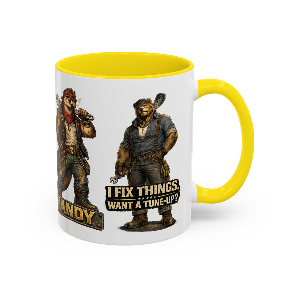Handy Bear Mechanics Coffee Mug — "I Fix Things, Want a Tune-Up?" Accent Ceramic Mug