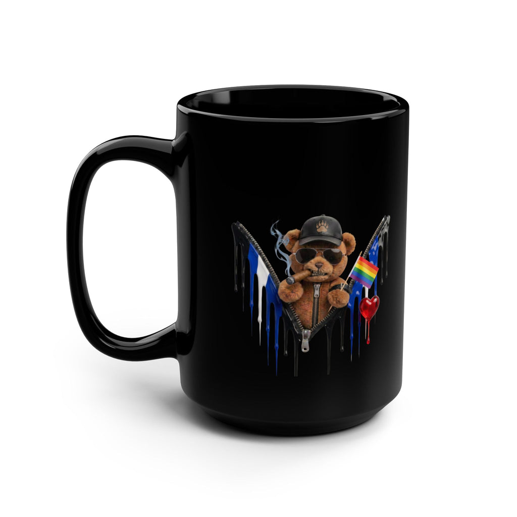 15oz Black Mug — Dripping Teddy with Rainbow & Thin Blue Line Flags. Leather pride mug. Bear Pride mug. LGBTQ pride mug