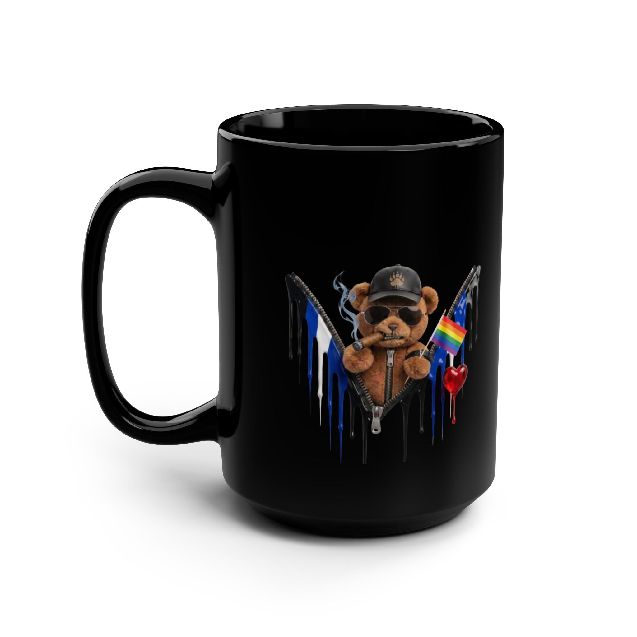 15oz Black Mug — Dripping Teddy with Rainbow & Thin Blue Line Flags. Leather pride mug. Bear Pride mug. LGBTQ pride mug