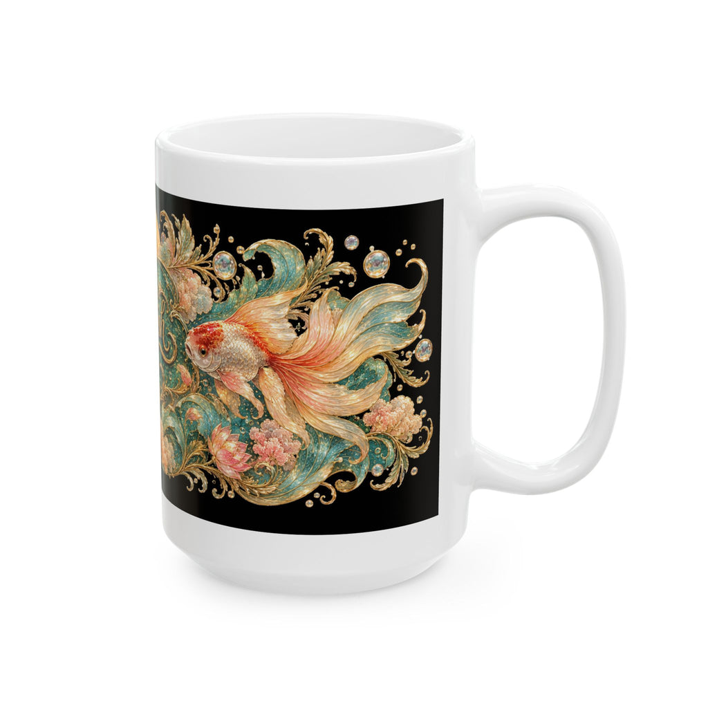 Fancy Goldfish Club Ceramic Mug — Vintage Floral Aquarium Design (11oz & 15oz)