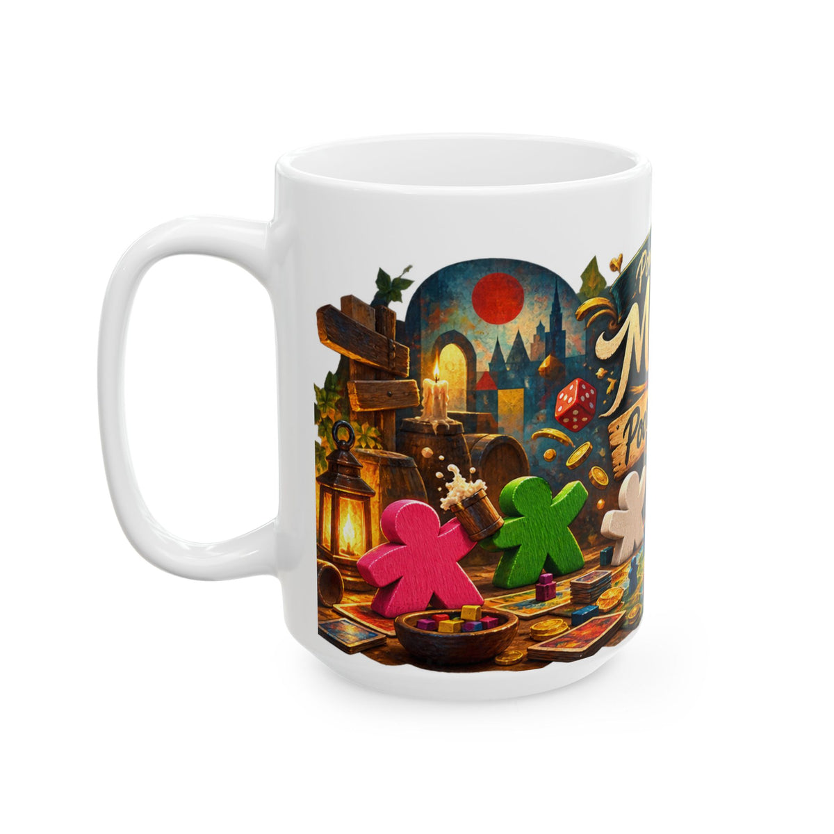 Powered by Meeples & Poor Decisions Ceramic Mug — Board Game Coffee Cup (11oz, 15oz)