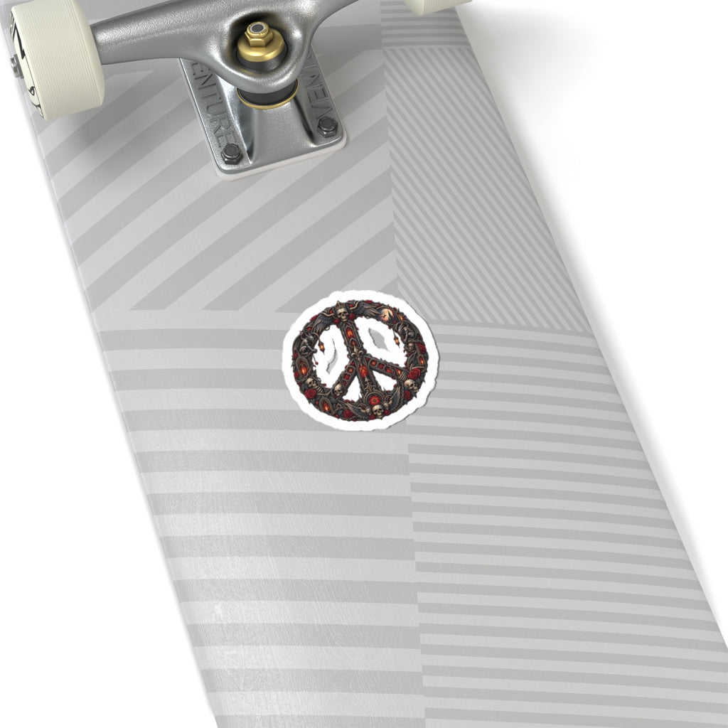 Skull & Rose Peace Sign Sticker — Gothic Kiss-Cut Laptop Decal