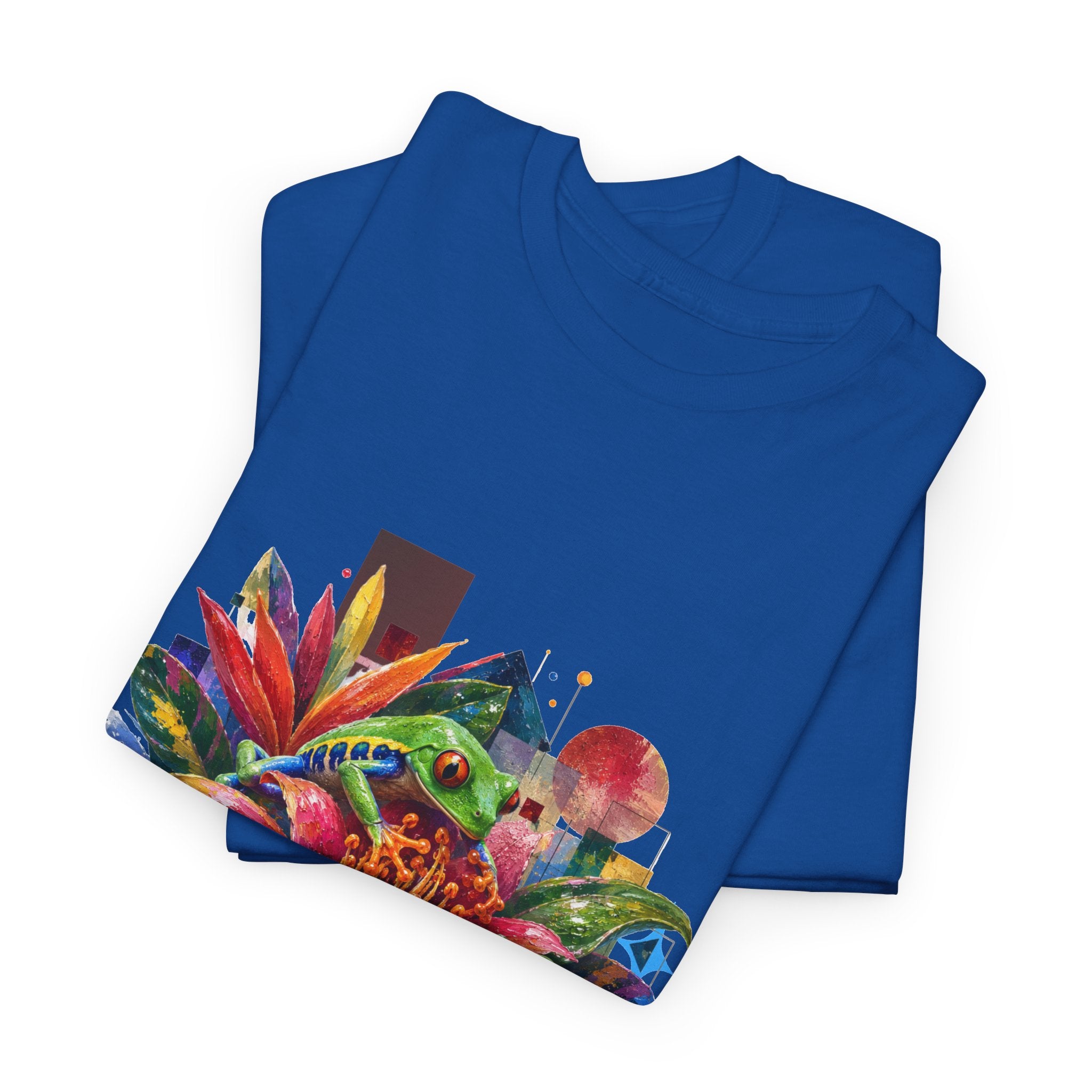 T-Shirt — Tropical Floral Collage Tee. Frog tee, Tree Frogs in Foliage. Eco-friendly reminder.