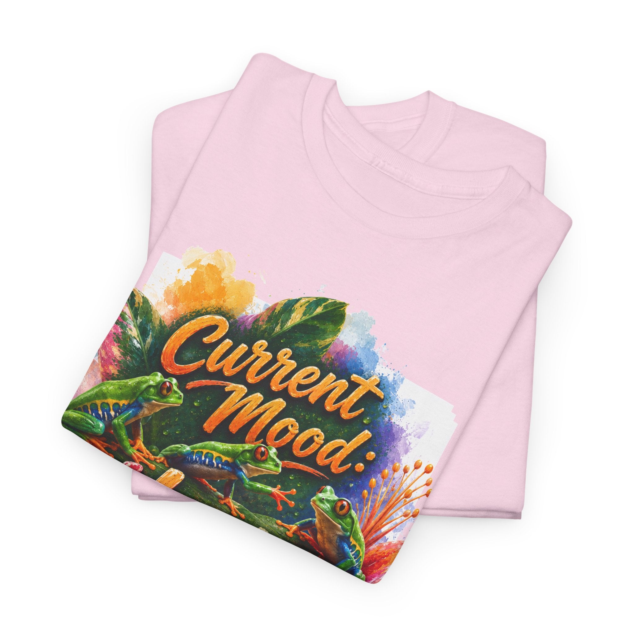 T‑Shirt — "Current Mood: Hoppy" Colorful Frog Graphic Tee. Tree Frogs eco-friendly awareness.
