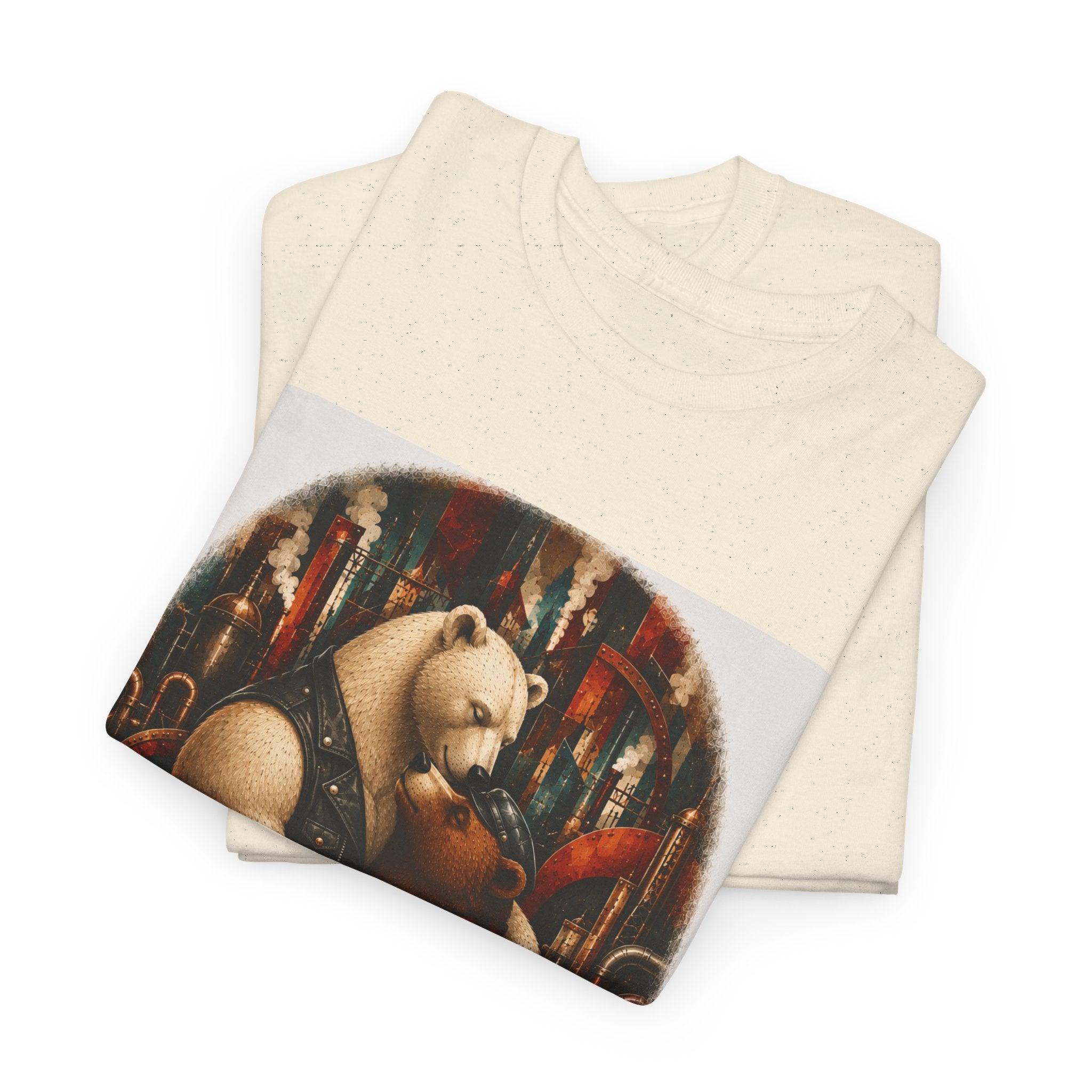 Bear Musician T‑Shirt — Vintage Stylized Bear Playing Violin Art Tee. An image of two Bears in a loving embrace. Colorful steampunk background. Mod.