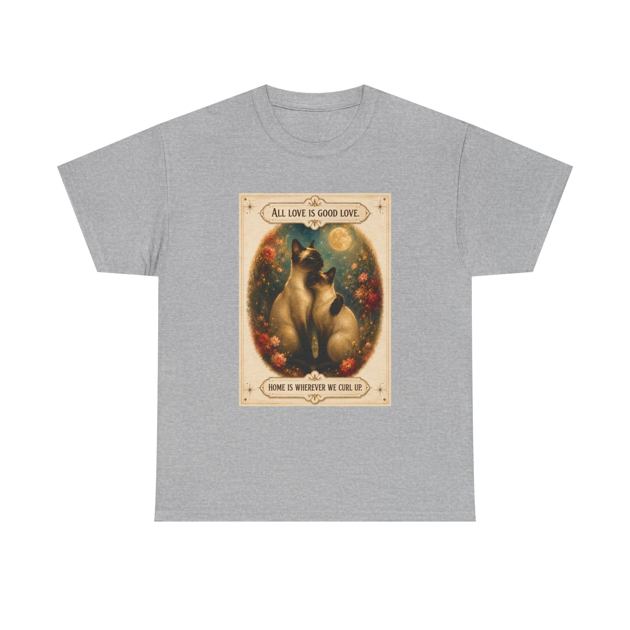 Cat Love Vintage Poster T-Shirt — "All Love Is Good Love" Graphic Tee. Siamese cats in love.