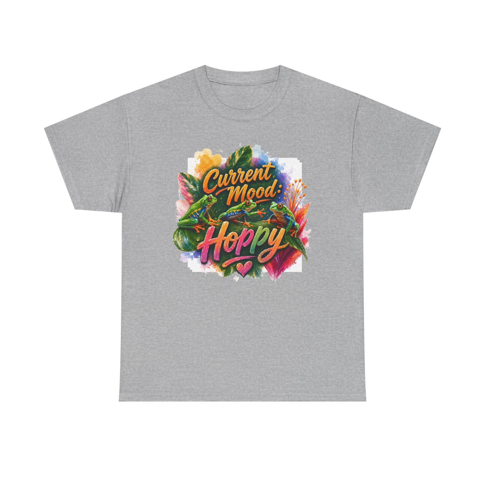 T‑Shirt — "Current Mood: Hoppy" Colorful Frog Graphic Tee. Tree Frogs eco-friendly awareness.