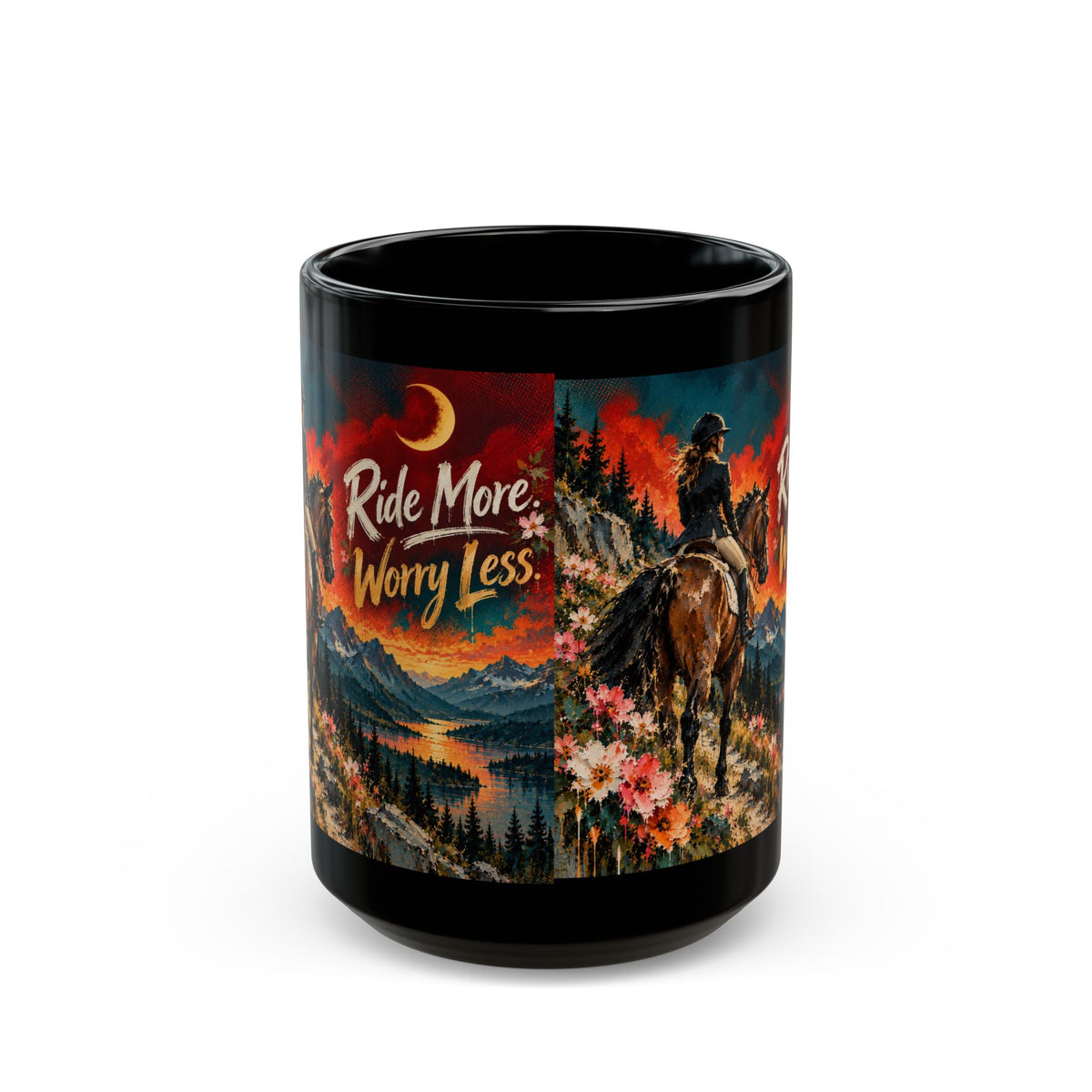 Ride More Worry Less Mug — Cowboy Horse Scenic Black Coffee Cup (11oz/15oz)Horse Lover Coffee Mug – Equestrian Art Mug with Jewel Tone Horse Painting