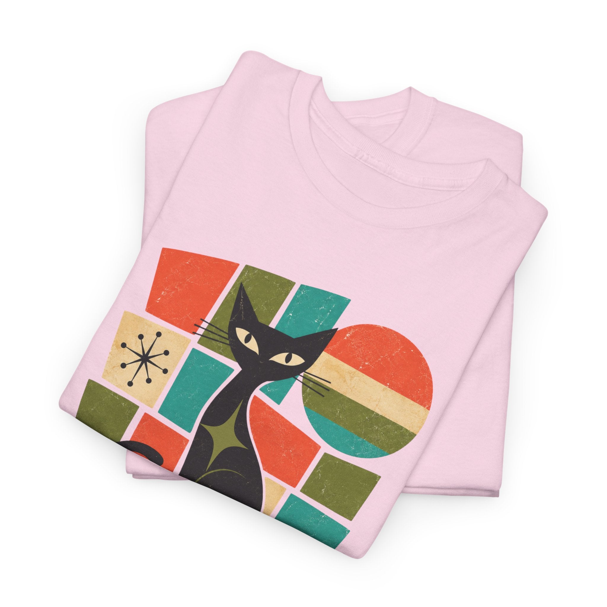 Stay Pawsitive Cat T-Shirt — Retro Graphic Tee for Cat Lovers. Tangentsies Mod Cat t-shirt